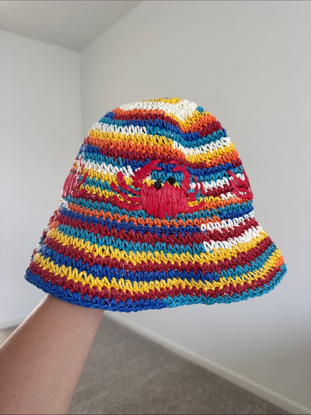 Zara Colorful Striped Crochet Bucket Hat with Crab Motif